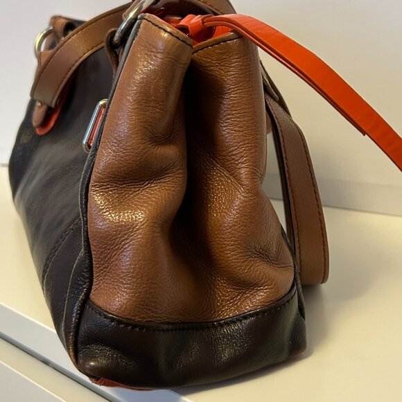 - La Diva Patent  Leather Orange Brown Color Block Handbag, The East/West … - Picture 4 of 17